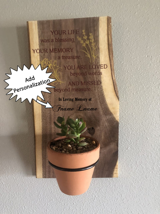 Memorial Plaque on Walnut with Live Succulent Plant - Add Personalization