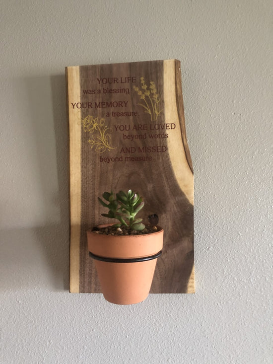 Memorial Plaque on Walnut with Live Succulent Plant - Add Personalization