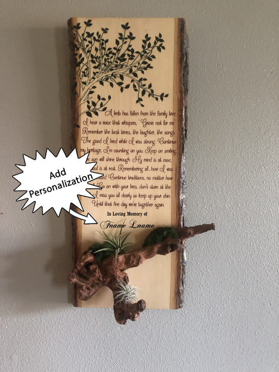 Memorial Plaque with Live Air Plants on Driftwood - Add Personalization